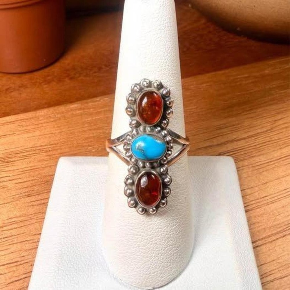 Amber & Kingman Turquoise Ring - Size 8 - .925 Sterling Silver